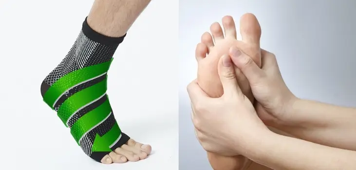 person wearing Comprex Ankle Sleeves and massaging foot